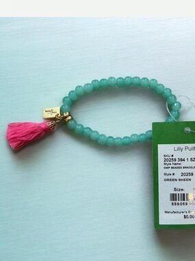 Lilly Pulitzer Green Sheen Beaded Bracelet with Hot Pink Tassel new with tags